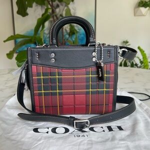 NWT Coach Rogue 20 With Plaid Print Silver Cherry Multi Black Red CH385